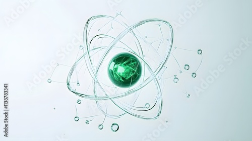 Green illuminated atomic structure showcasing subatomic particles and energy flow in a modern scientific illustration