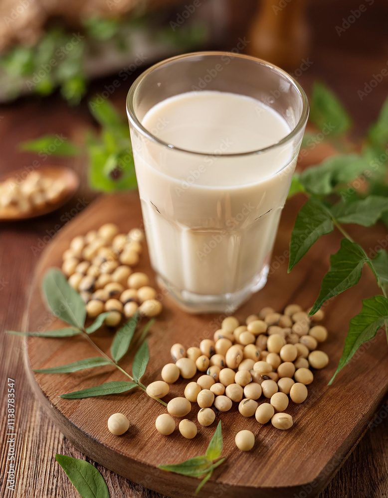 Glass of creamy soy milk and soybeans on wooden board. Tasty natural drink. Organic beverage. Glass of creamy soy milk and soybeans on wooden board. Tasty natural drink. Organic beverage.