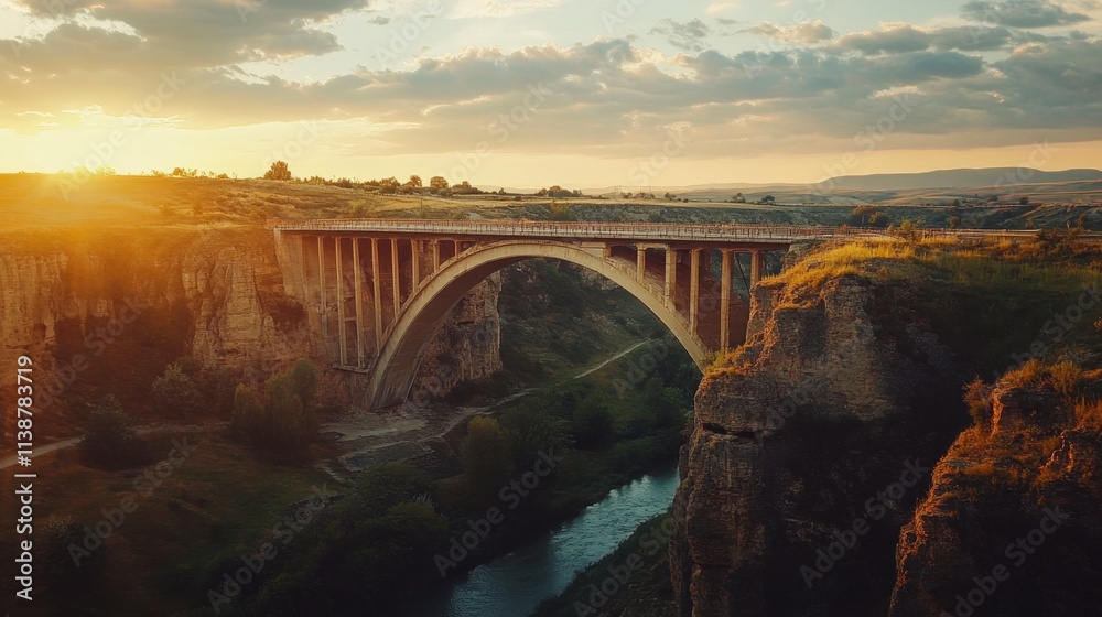 Fototapeta premium Majestic Arch Bridge at Sunset over a Gorge