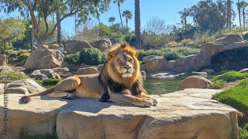 Majestic Male Lion Resting on Rock in Sunny Zoo Habitat photo