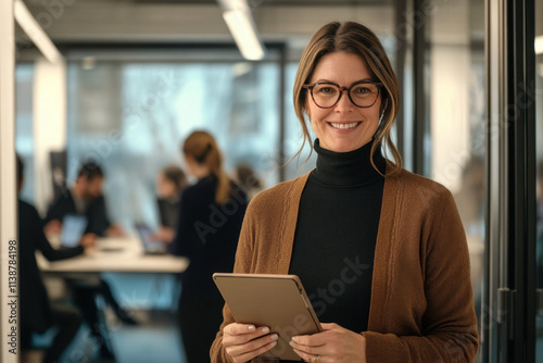 A professional woman in her late thirties, wearing glasses and smiling warmly at the camera as she stands holding an iPad inside a modern office space with people working behind her.