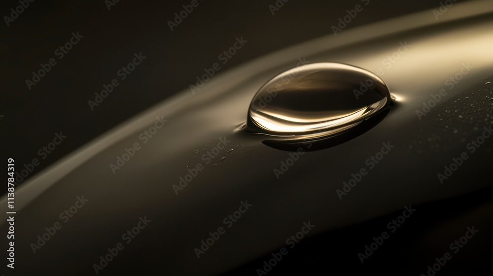 Single Water Droplet on Dark Reflective Surface Single Water Droplet on Dark Reflective Surface