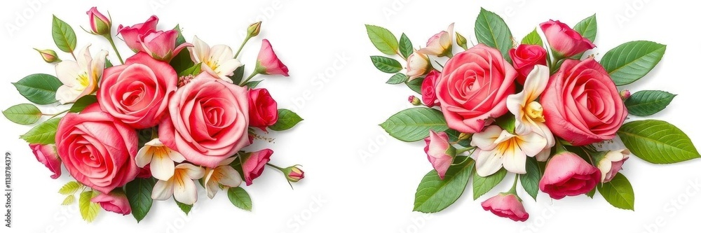 Fototapeta premium Rose flower and green leaves creating a beautiful frame, isolated, decoration, arrangement