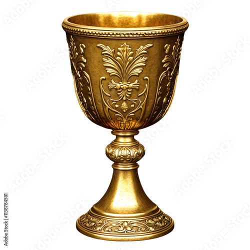 antique golden chalice with a rustic look isolated on transparent background