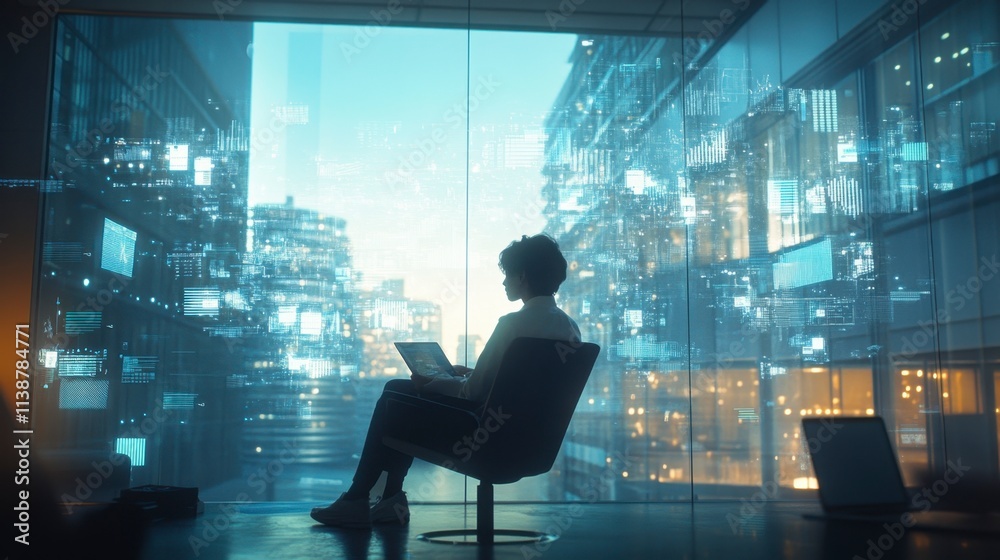 Thoughtful Young Woman Working on Laptop in Modern Office at Night