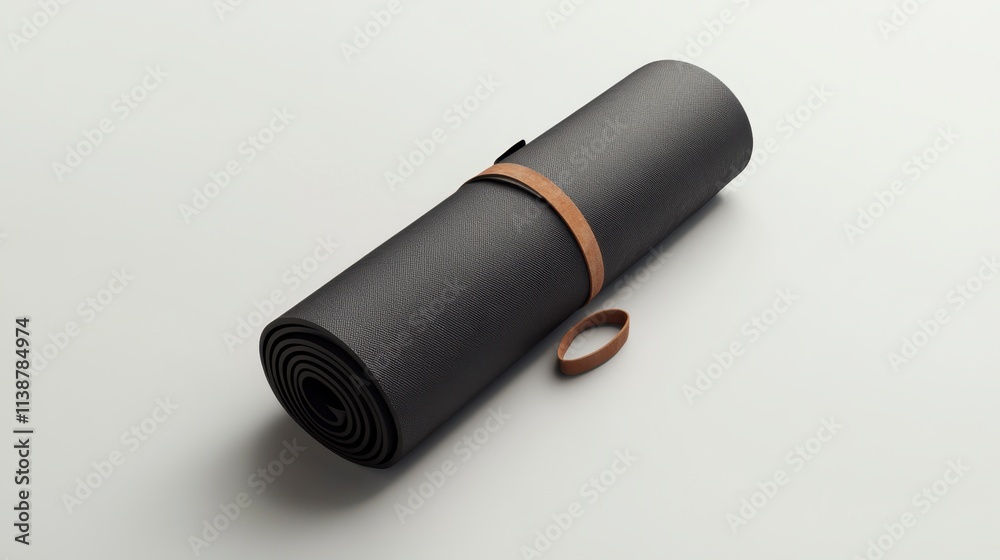 Rolled Black Yoga Mat with Leather Strap on White Background