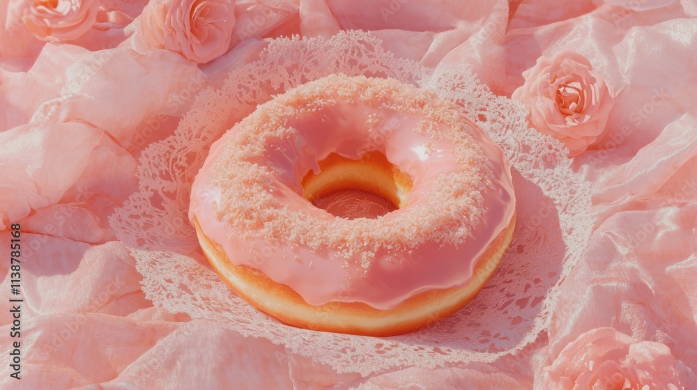 Pink donut with sprinkled topping on lace, surrounded by roses. Pink donut with sprinkled topping on lace, surrounded by roses.