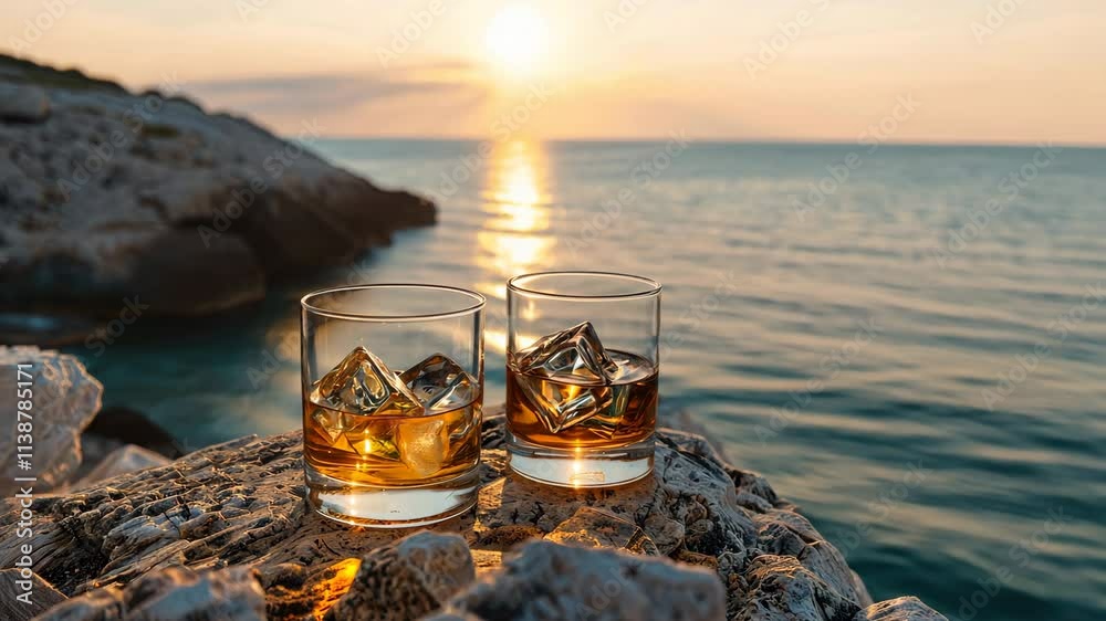 Two glasses of whiskey or scotch on the rock with a ocean view. Strong alcoholic drinks with a sea landscape.