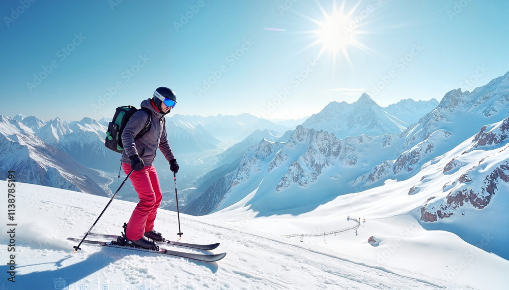 Skier enjoying a thrilling ride down the slopes in a stunning mountain landscape Skier enjoying a thrilling ride down the slopes in a stunning mountain landscape