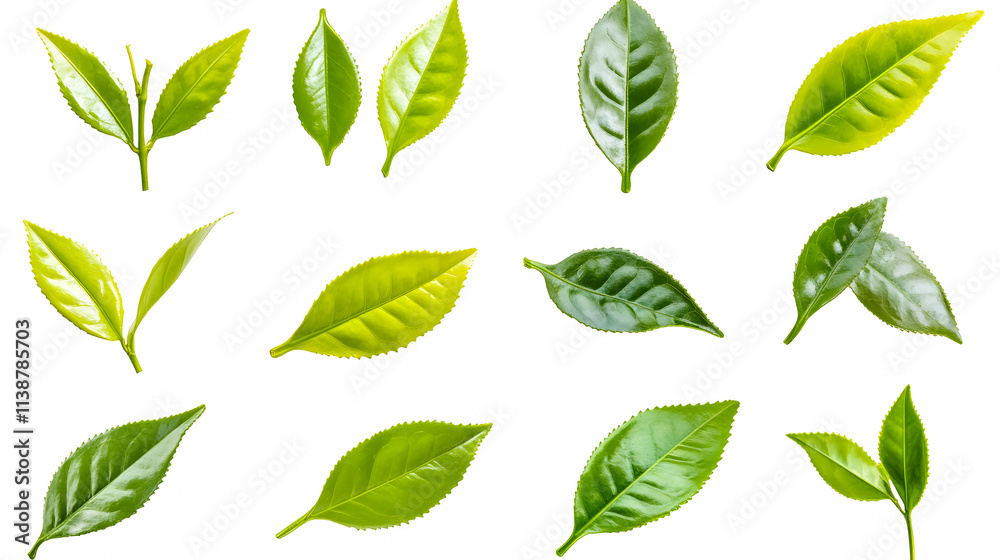 Green tea leaves collected on a white background.