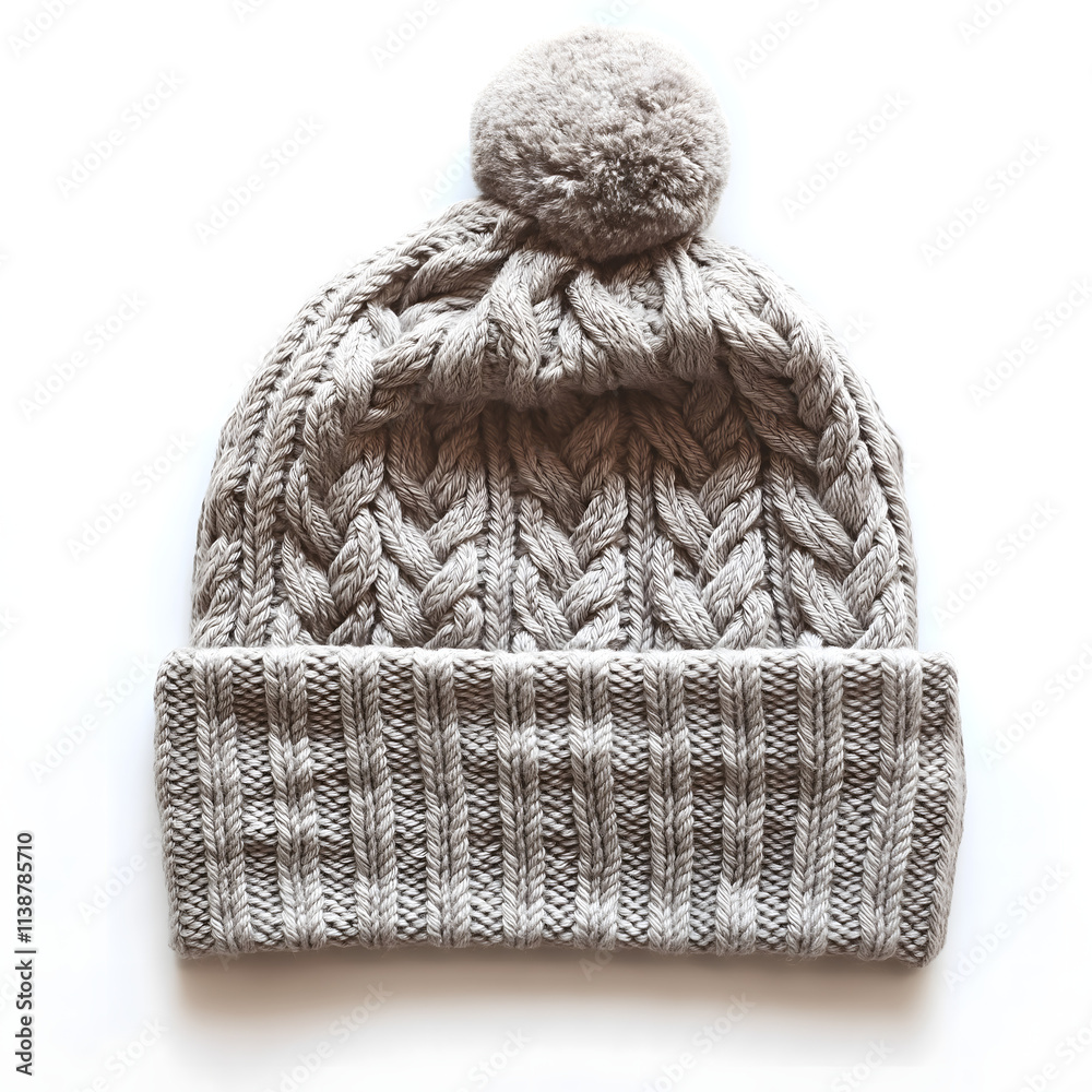 Soft Gray Woolen Beanie with a Pom-Pom on Top