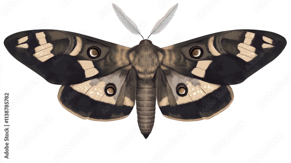 Detailed illustration of a large brown moth with distinct markings on its wings against a white background. Detailed illustration of a large brown moth with distinct markings on its wings against a white background.