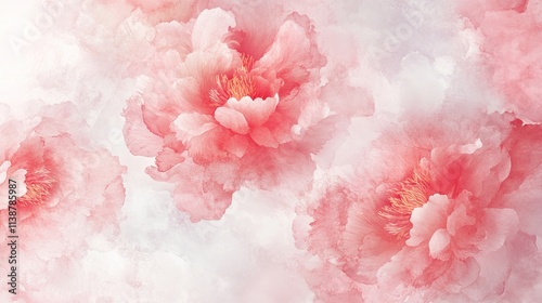 Pink peony watercolor flowers bloom on light background.