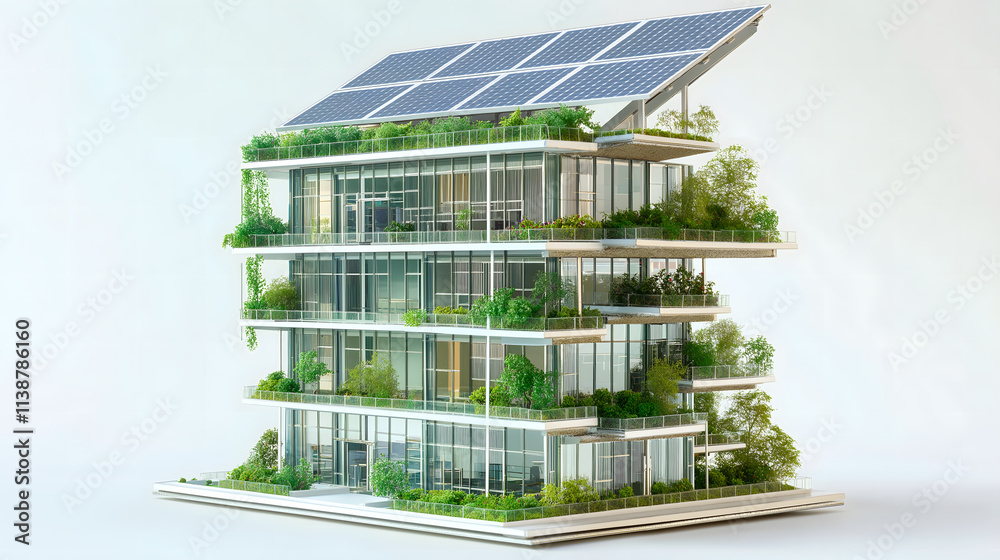 Sustainable Office Building with Solar Panels and Green Features