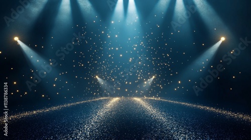 Dark blue stage with golden spotlight lines and glitter texture for award ceremony design. Realistic 3d abstract premium elegant glamour background template for anniversary or winner rewarding.