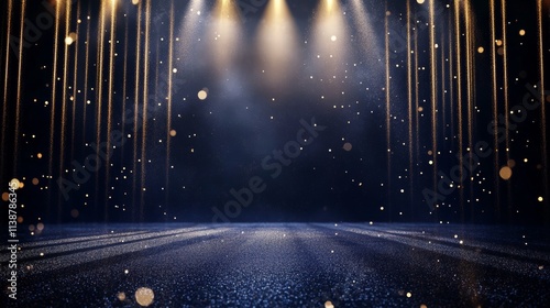Dark blue stage with golden spotlight lines and glitter texture for award ceremony design. Realistic 3d abstract premium elegant glamour background template for anniversary or winner rewarding.