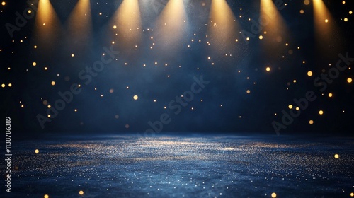 Dark blue stage with golden spotlight lines and glitter texture for award ceremony design. Realistic 3d abstract premium elegant glamour background template for anniversary or winner rewarding.