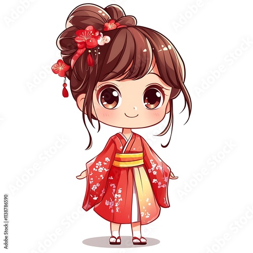 Cute Anime Girl in Traditional Japanese Kimono.  Kawaii Japanese Culture. photo