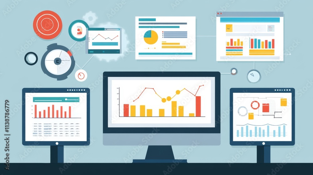 An analyst uses a computer and dashboard for data business analysis and Data Management System with KPI and metrics connected to the database for technology finance, operations, sales, marketing An analyst uses a computer and dashboard for data business analysis and Data Management System with KPI and metrics connected to the database for technology finance, operations, sales, marketing