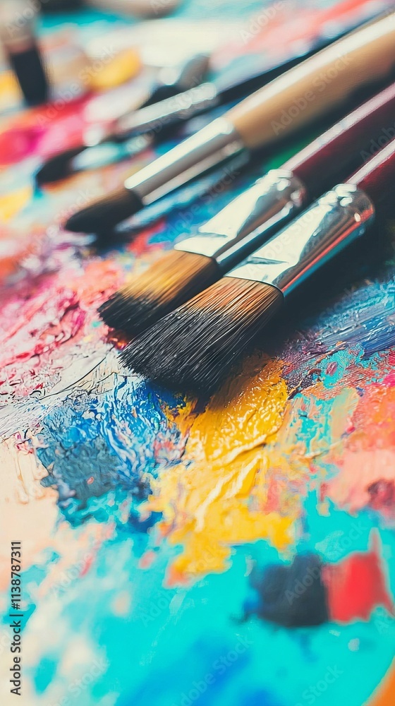 Obraz premium Colorful paint splatters with various brushes on a creative workspace.