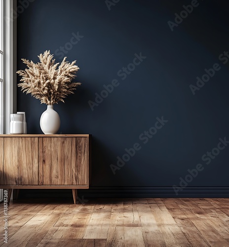 Contemporary living room design with a wooden floor, dark blue wall, and a cabinet with a flower vase