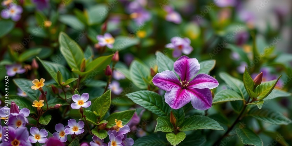 Vibrant purple flower petals and leaves in a close-up shot with soft focus background, serene, botanical, elegant Vibrant purple flower petals and leaves in a close-up shot with soft focus background, serene, botanical, elegant