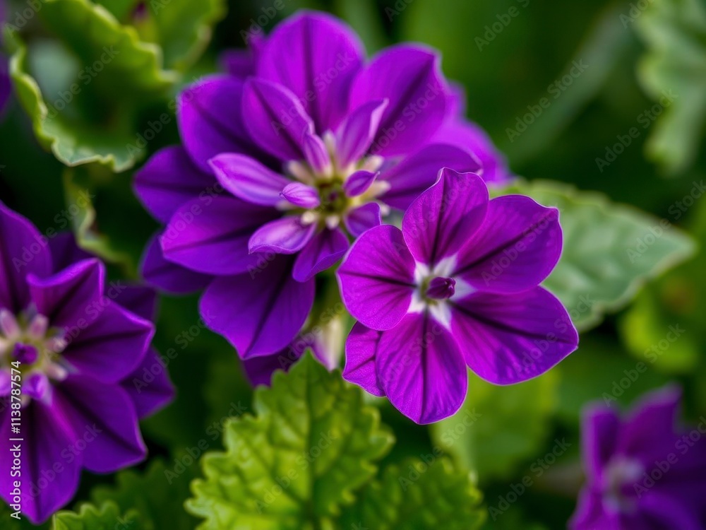 Vibrant purple flower petals and leaves in close-up detail, botanical, flower Vibrant purple flower petals and leaves in close-up detail, botanical, flower