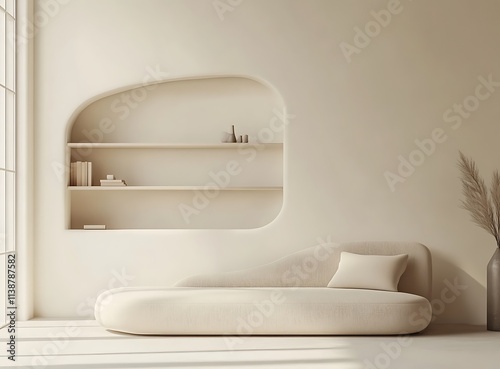 Contemporary living room in beige tones, showcasing a minimalist sofa, wall-mounted shelves, and a sleek bookcase set against a white backdrop
