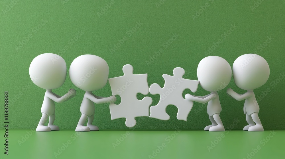 Four figures connect puzzle pieces. Four figures connect puzzle pieces.