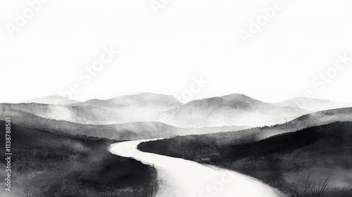Ink painting river flows through hazy mountains.