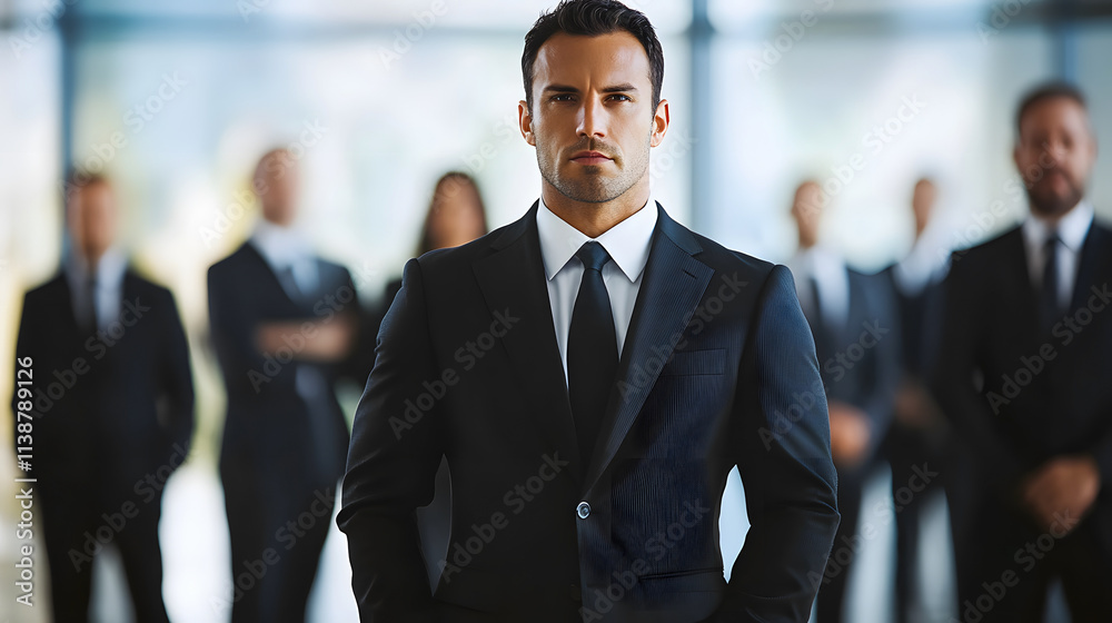 A group of business professionals, with a businessman leading in the foreground.