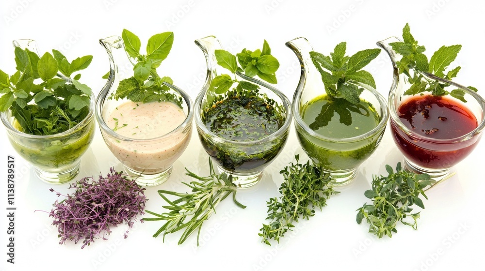 Fresh herbs and sauces arranged in decorative glass containers showcasing a variety of flavors and colors Fresh herbs and sauces arranged in decorative glass containers showcasing a variety of flavors and colors