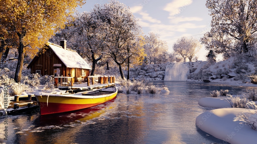 Snowy cabin scene with boat and waterfall. Snowy cabin scene with boat and waterfall.