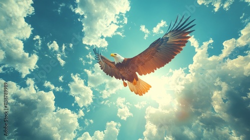 Realistic, majestic Bald Eagle gliding above a billowing U.S. flag under a bright blue sky, perfect for election visuals, vertical composition photo