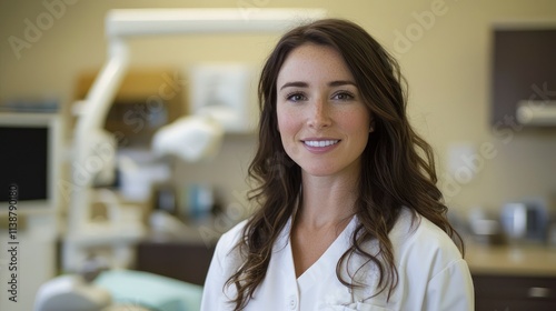 A portrait a professional Caucasian female dentist in her office, ready to assist with all dental needs and ensure patient comfort.