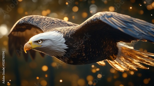 Realistic, focused American Bald Eagle in motion, glowing U.S. flag in the backdrop, vertical layout for political visuals photo