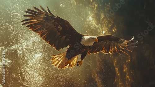 Realistic, dynamic Bald Eagle flying over a dramatic U.S. flag in motion, bold visuals for election themes, vertical composition photo