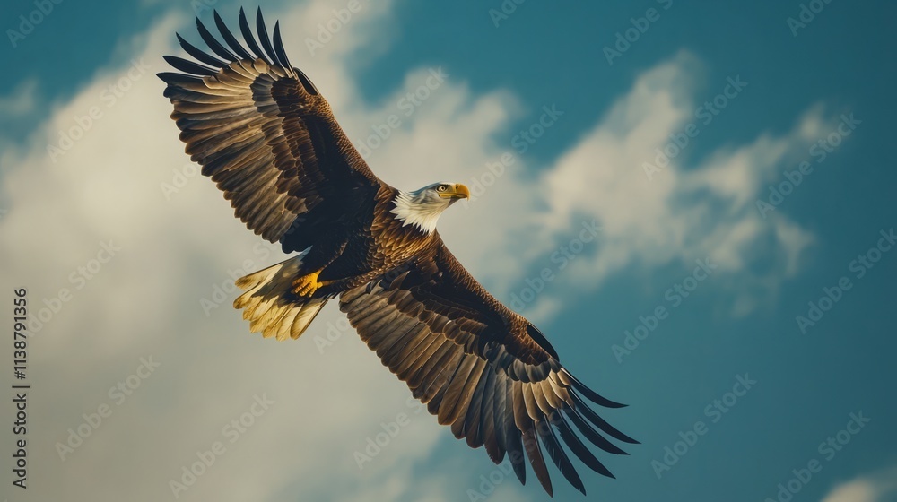 Realistic, bold Bald Eagle flying high over an American flag backdrop, sharp colors for patriotic themes, vertical composition Realistic, bold Bald Eagle flying high over an American flag backdrop, sharp colors for patriotic themes, vertical composition