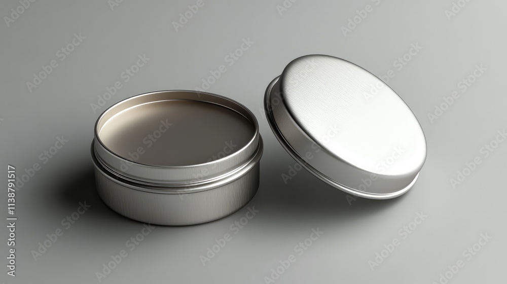 Beauty Product Mockup: Empty Round Tin Container for Lip Balm on Light Gray Background with Space for Branding and Customization Beauty Product Mockup: Empty Round Tin Container for Lip Balm on Light Gray Background with Space for Branding and Customization