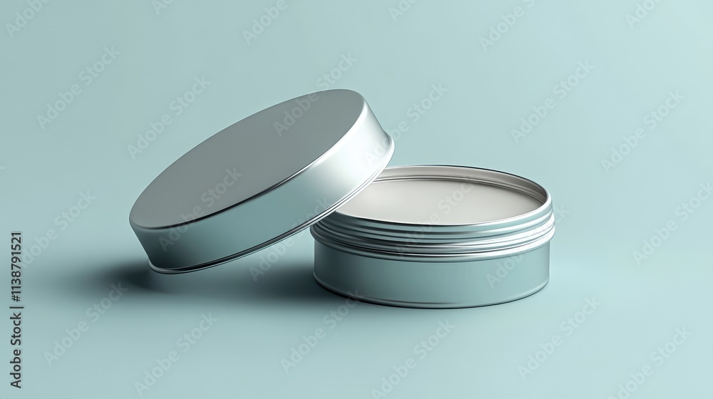 Beauty Product Mockup: Empty Round Tin Container for Lip Balm on Light Gray Background with Space for Branding and Customization