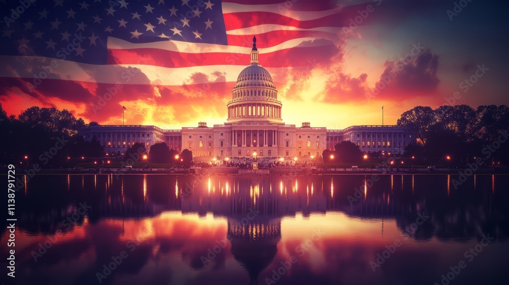 Fototapeta premium Realistic, Presidential Inauguration 2025 banner, vibrant American flag, Capitol building in the background, celebrating patriotism and history, bold typography