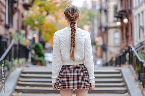 Brunette Woman in Plaid Miniskirt Walking Down Urban Street in Autumn