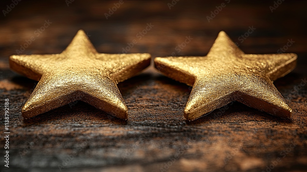 Golden stars placed on a wooden surface shine brightly in a warm light during an indoor setting Golden stars placed on a wooden surface shine brightly in a warm light during an indoor setting