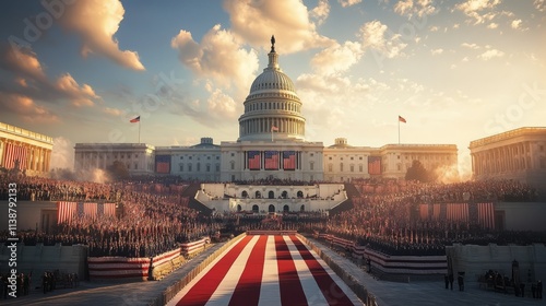 Realistic, grand Presidential Inauguration 2025 banner, Capitol steps adorned with American flags, bold historical imagery photo