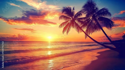 Silhouette of palm trees reaching into the colorful sky at sunset on keawakapu beach- kihei, wailea, maui, hawaii, united states of america