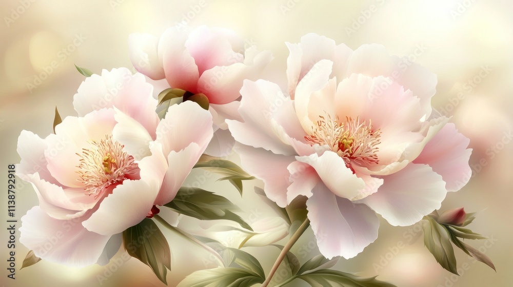 Three soft pink peonies with blurred background. Three soft pink peonies with blurred background.
