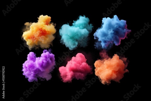 Multicolored smoke puff cloud design elements on a dark background