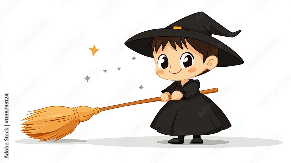 Obraz premium Child dressed as a witch plays with a broomstick during a festive Halloween celebration