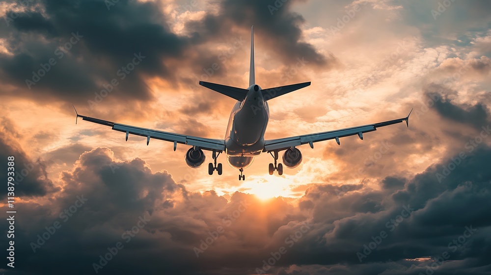 Airplane Landing at Sunset Through Dramatic Clouds. Concept of Travel, Journey, and Adventure. Airplane Landing at Sunset Through Dramatic Clouds. Concept of Travel, Journey, and Adventure.