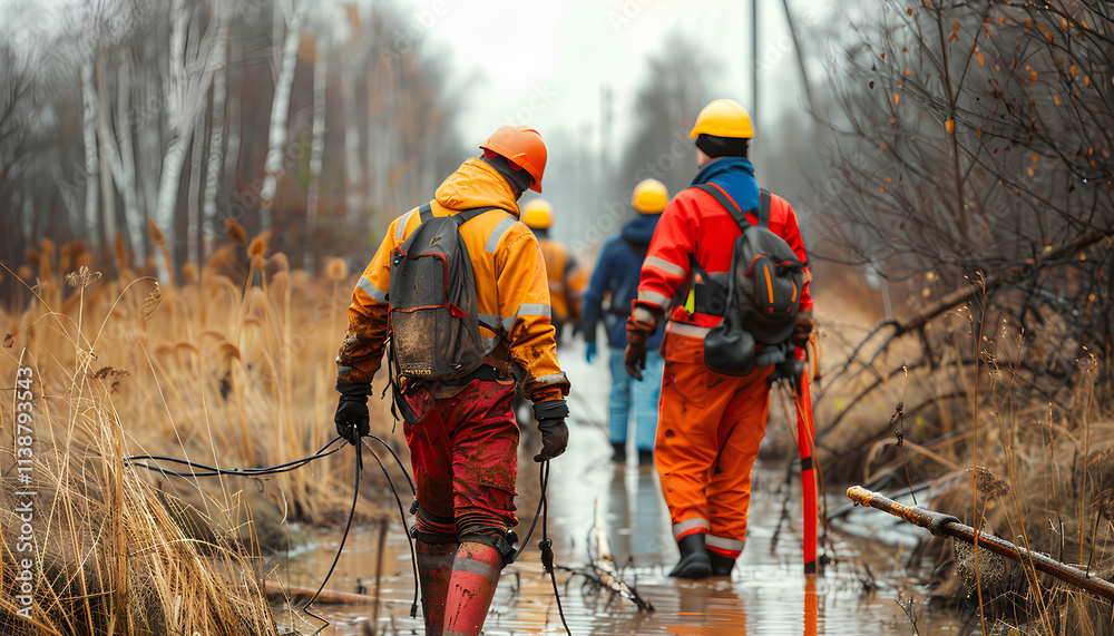 Fototapeta premium Workers in special clothing outdoors in rural areas. Working professions. Water supply specialists